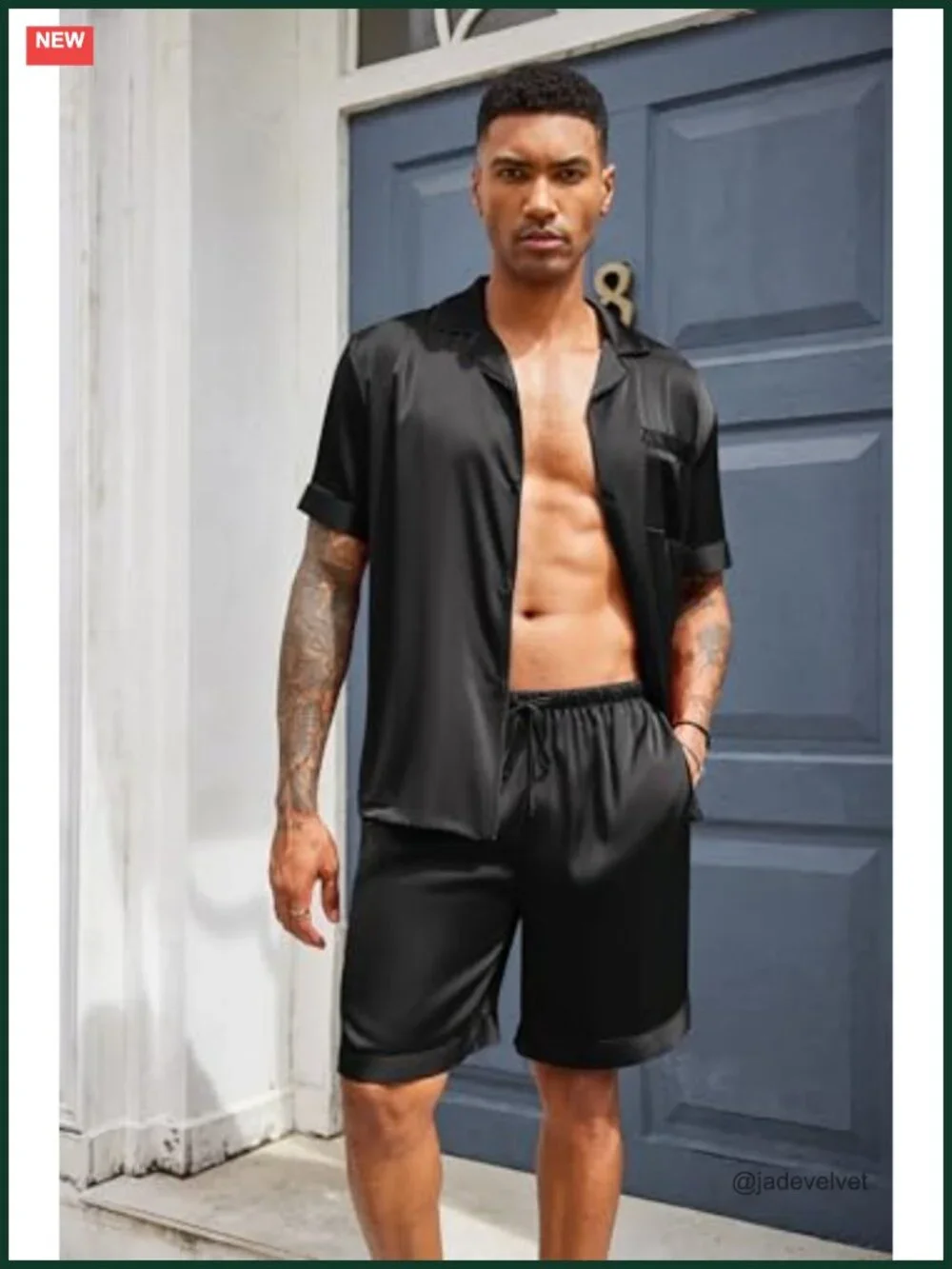 Mens Silk Satin Pajamas Set Short Sleeve Button Up Lounge Pjs with Pockets